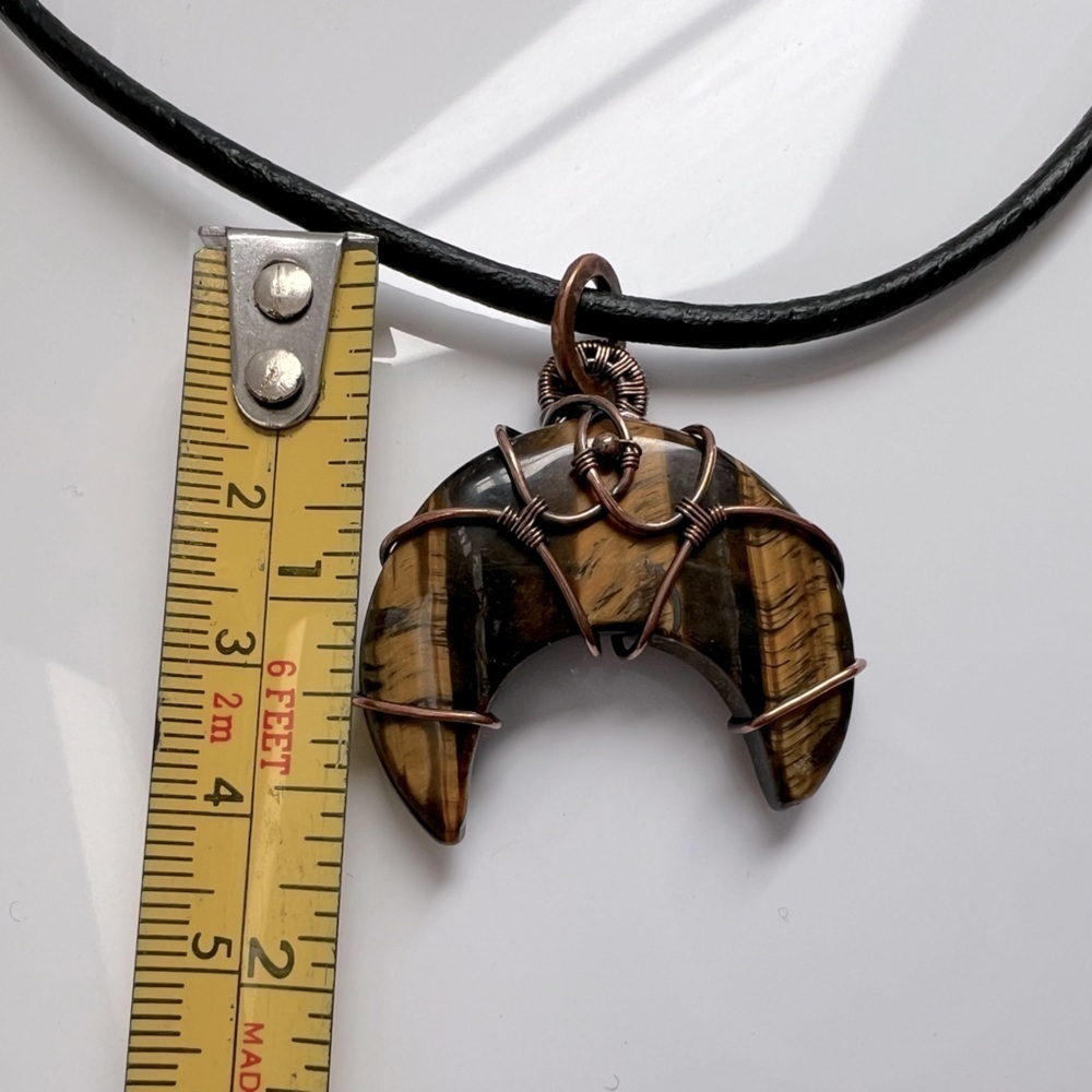 Artisan Copper Wire Wrapped Crescent Moon Tigers Eye Cabochon Necklace - Picture 5 of 11